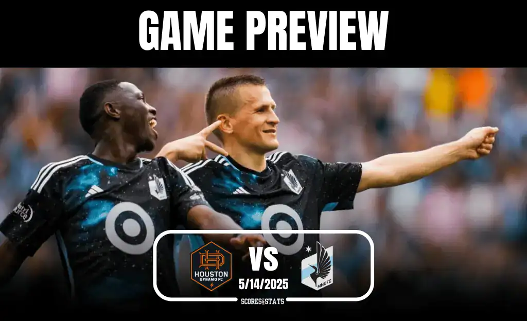 Two soccer players celebrate with outstretched arms, wearing matching black jerseys adorned with colorful designs. "Game Preview" is displayed above.