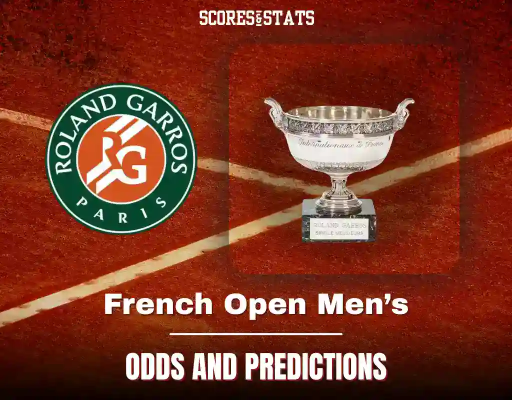 French Open Men’s odds and predictions graphic with trophy and Roland Garros logo.