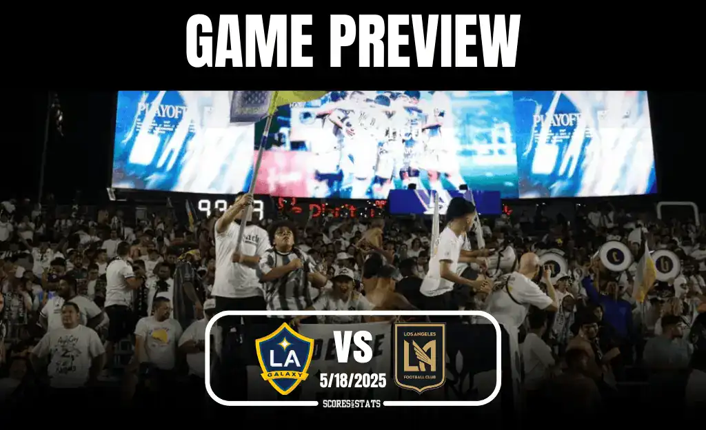 Lively soccer fans in white jerseys create a vibrant atmosphere, cheering for LA Galaxy and LA FC during a playoff game preview.