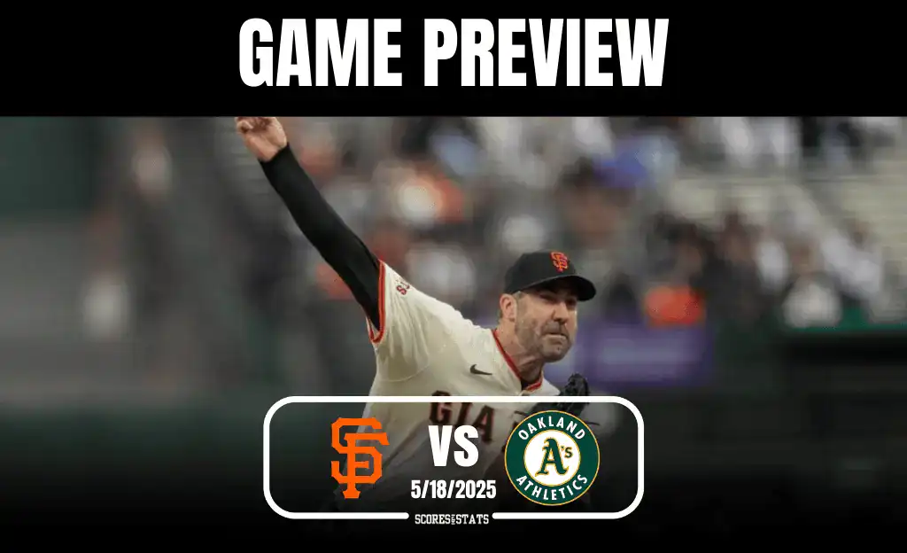 A pitcher from the San Francisco Giants throws a ball, with the Oakland Athletics logo and game details displayed below.