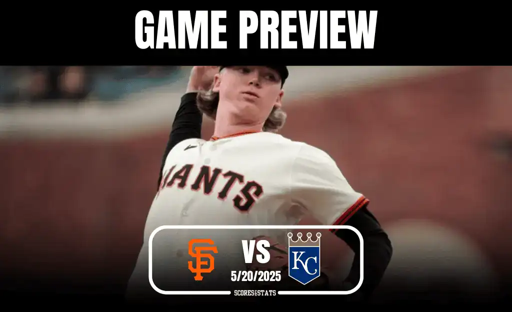 1 A baseball player in a Giants uniform throws a pitch, with a game preview banner above featuring the date and teams: Giants vs. Royals.