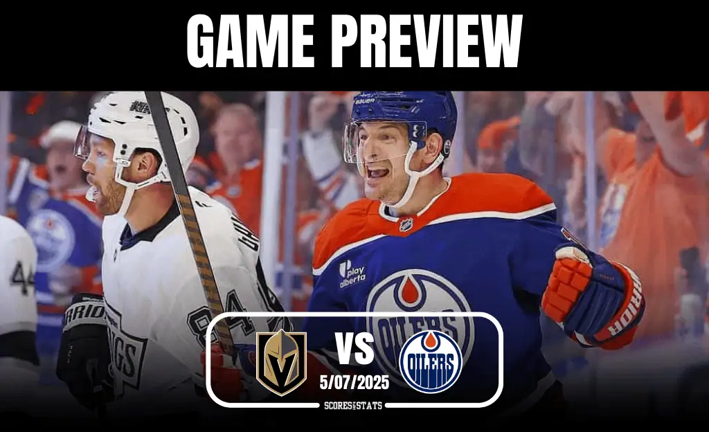 Hockey game preview featuring the Golden Knights vs. Oilers, with teams' logos and date prominently displayed.