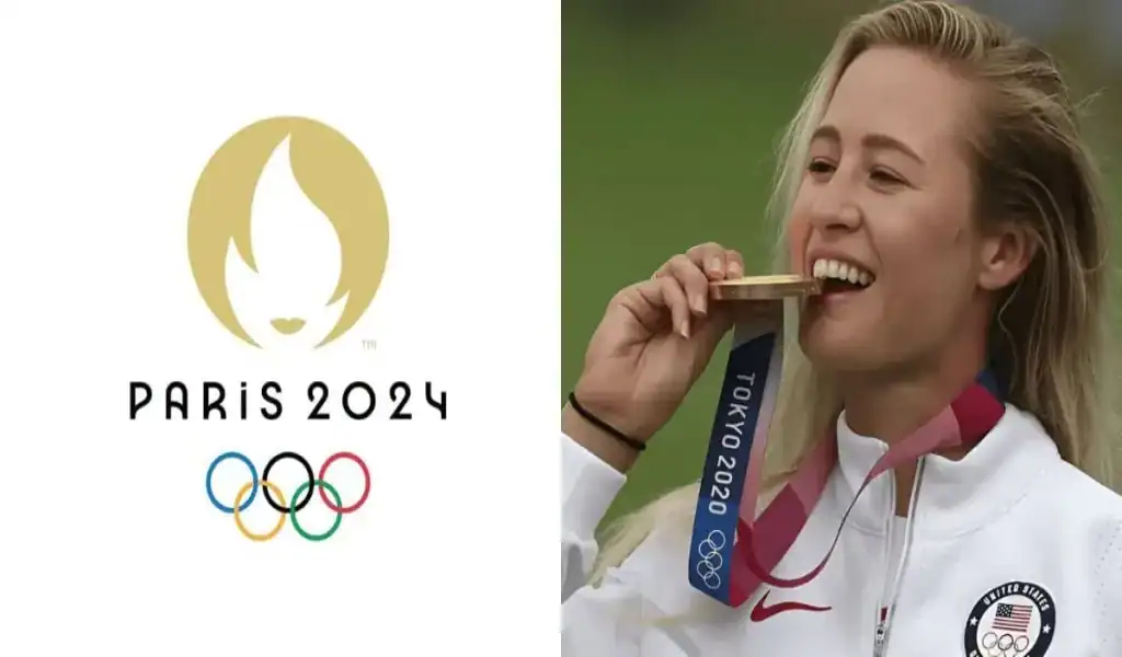 Golfista olímpica estadounidense mordiendo su medalla junto al logo oficial de los Juegos Olímpicos de París 2024