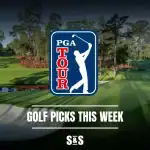 PGA Tour logo on a lush green golf course backdrop with text, "Golf Picks This Week," promoting weekly golf insights.