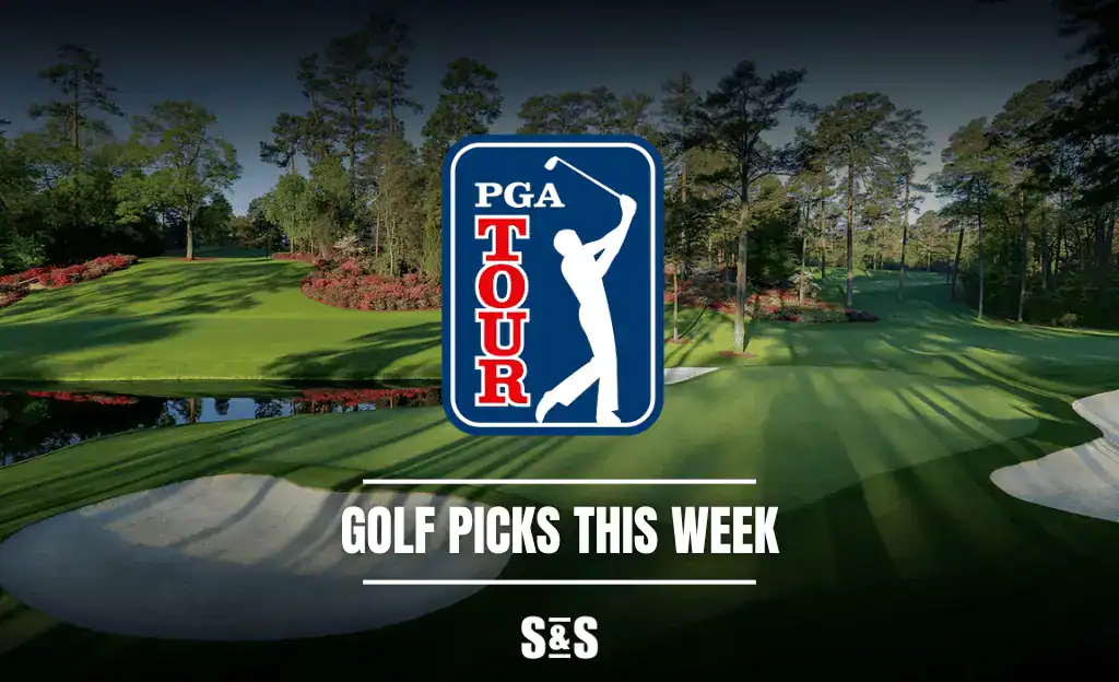 PGA Tour logo on a lush green golf course backdrop with text, "Golf Picks This Week," promoting weekly golf insights.