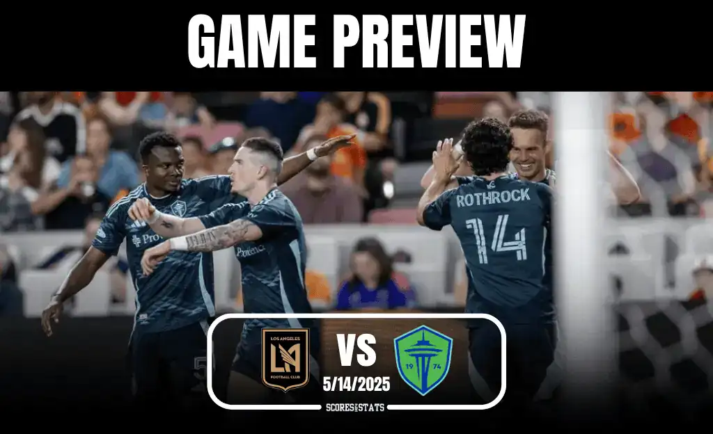Los Angeles FC players celebrate during a match preview, featuring team logos and match date details prominently displayed.