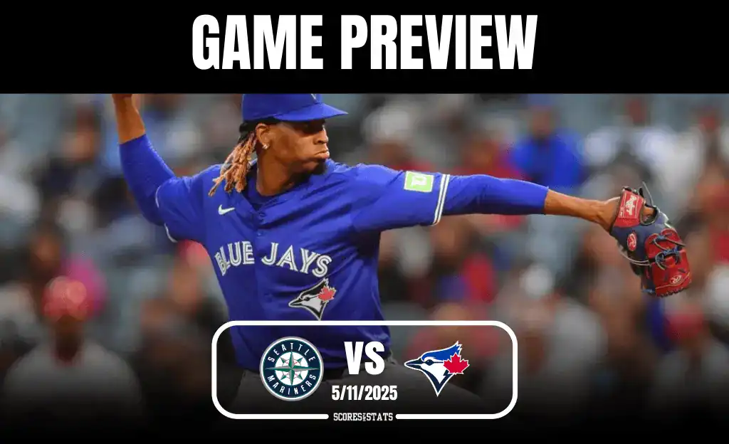 A pitcher in a blue Toronto Blue Jays jersey prepares to throw, with a game preview graphic below listing the teams and date.