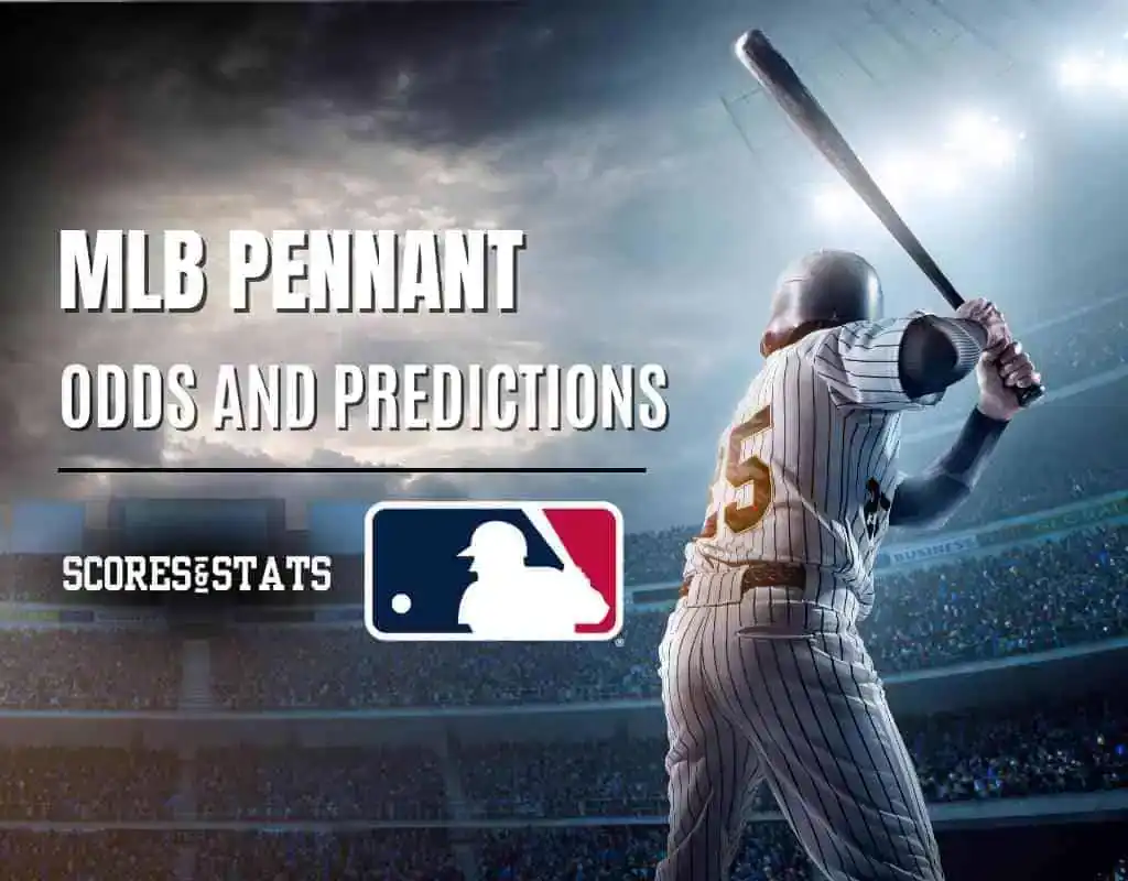 A baseball player in a pinstripe uniform prepares to hit, with text overlaying discussing MLB pennant odds and predictions.