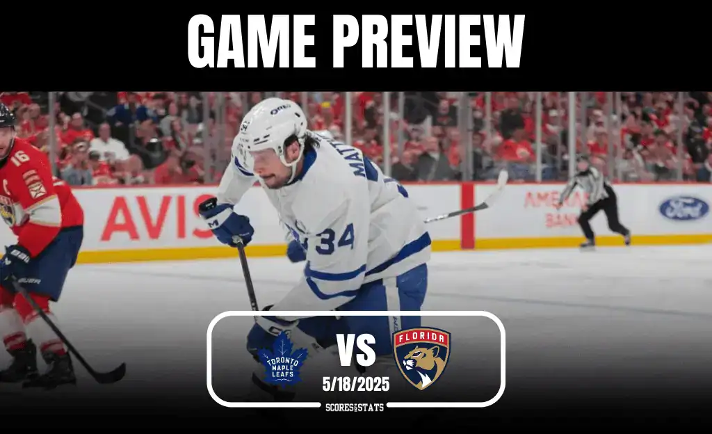 Hockey players from the Toronto Maple Leafs and Florida Panthers compete in an intense game, with fans cheering in the background.