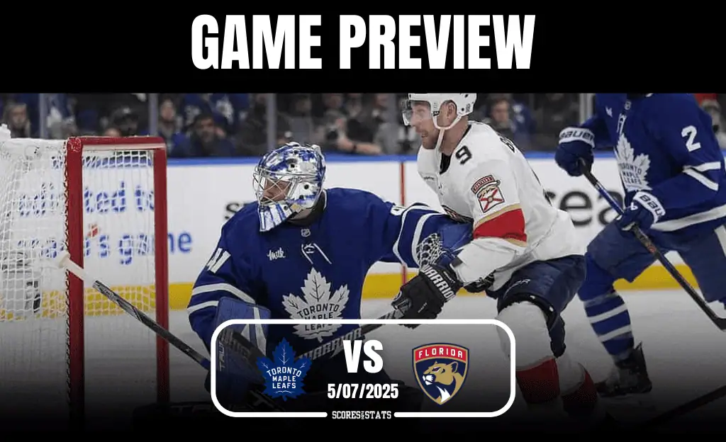 A Toronto Maple Leafs goalie defends against a Florida Panthers player during a hockey game preview, showcasing dynamic action.