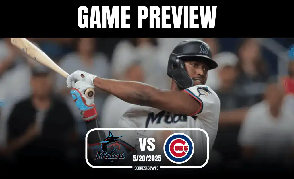 2 A Miami Marlins player swings a bat in a game preview against the Cubs, with a date of May 20, 2025, displayed prominently.