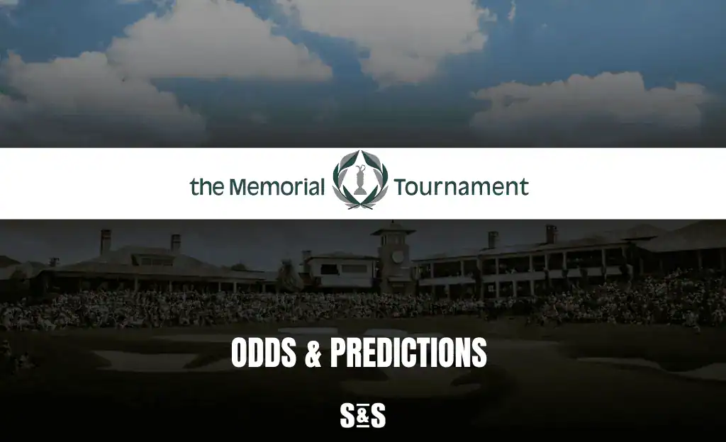 Logo for the Memorial Tournament featuring the event name, and an announcement for "Odds & Predictions" at a golf course filled with spectators.
