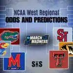Image displays NCAA West Regional bracket with team logos and text about odds and predictions for March Madness.