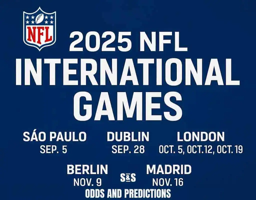 Graphic listing the 2025 NFL International Games, featuring dates and locations: São Paulo, Dublin, London, Berlin, and Madrid.