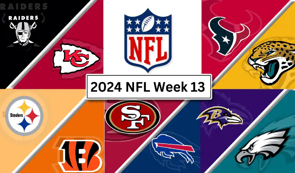 Logotipos de equipos de la NFL representando los enfrentamientos destacados de la Semana 13 de la temporada 2024