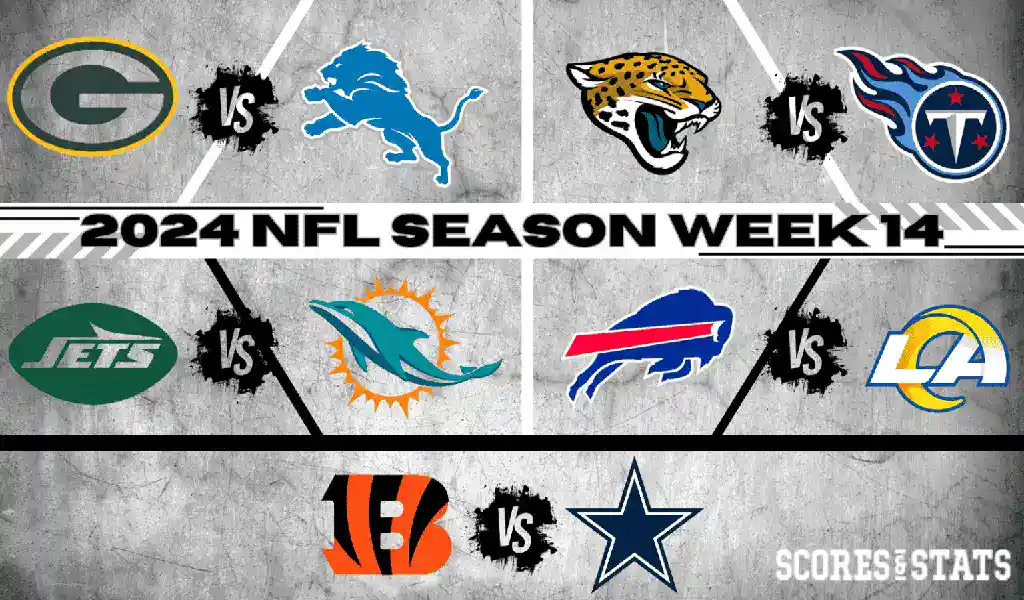 Enfrentamientos de la Semana 14 de la NFL 2024 con logotipos de equipos como Packers, Dolphins, Rams, Cowboys y más sobre fondo gris estilo industrial