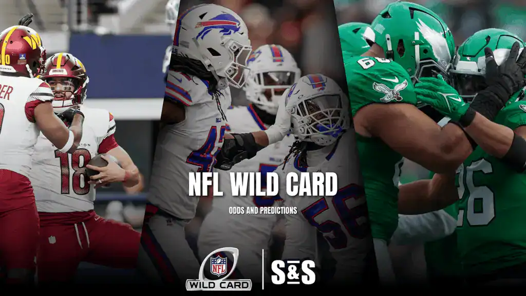A dynamic split image featuring NFL players celebrating and competing, with the text "NFL WILD CARD" prominently displayed in the center.