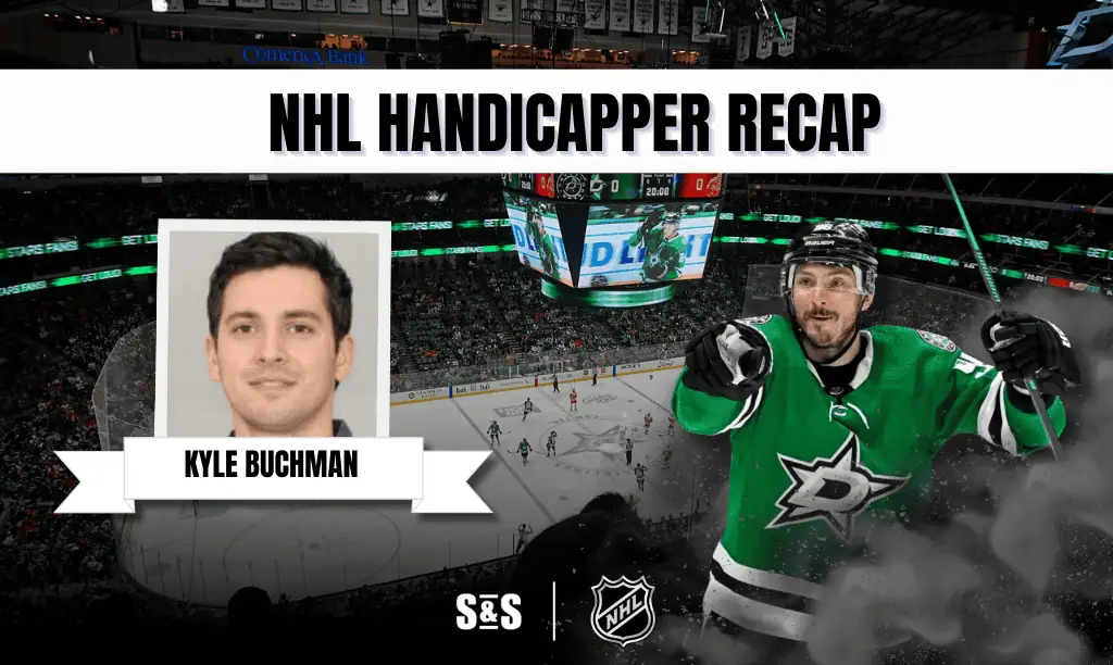 A sports recap graphic featuring a hockey player in a green jersey and an image of Kyle Buchman, with a crowd and scoreboard in the background.