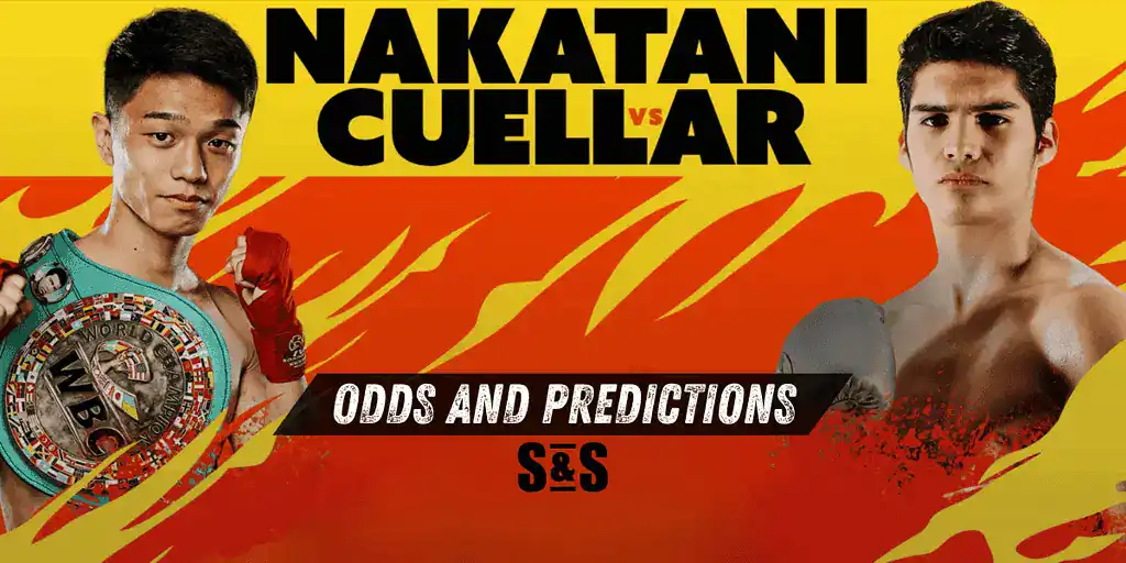 A promotional poster for a boxing match featuring Nakatani vs. Cuellar, displaying championship belts and bold text on a fiery background.