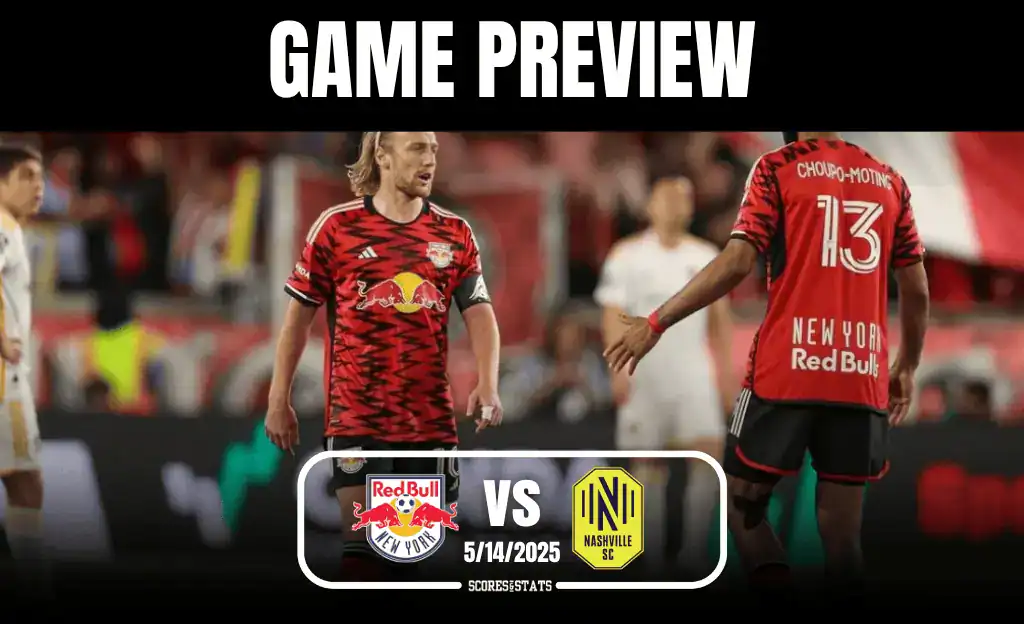 Red Bull New York players in vibrant jerseys face off against Nashville SC. Game preview banner highlights match details.