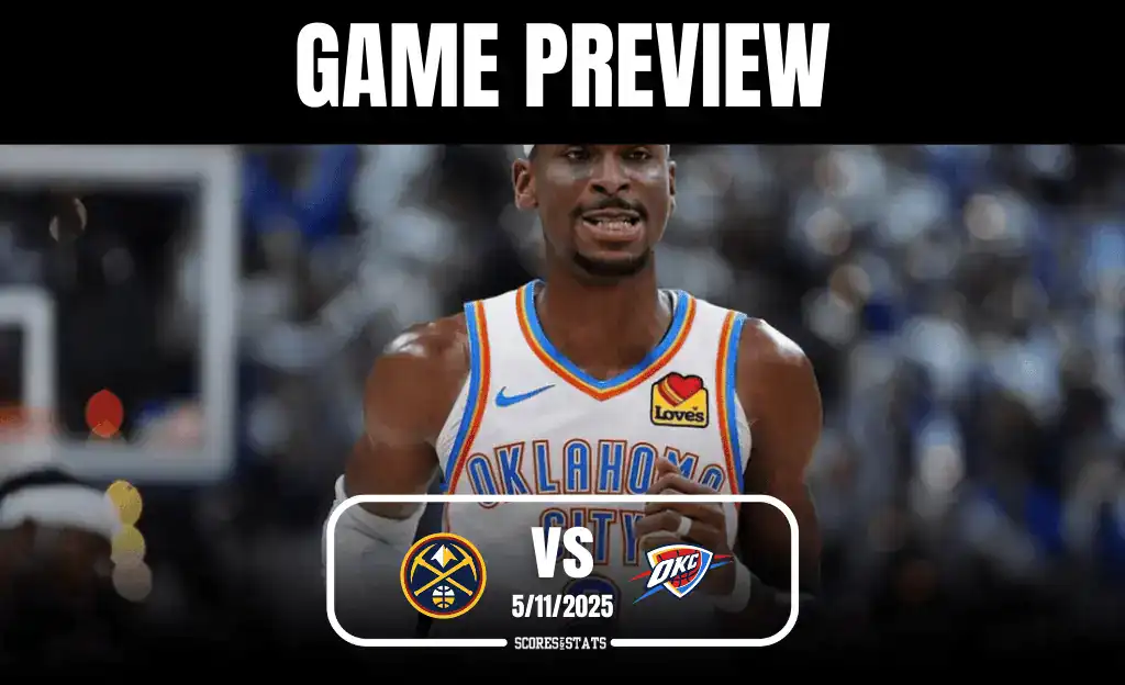 Game preview featuring an Oklahoma City Thunder player in action, with a matchup against the Denver Nuggets on 5/11/2025.