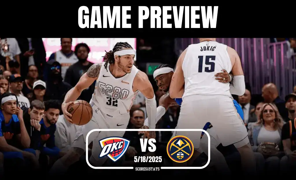 9 Basketball game preview between Oklahoma City Thunder and Denver Nuggets, showcasing players in action on the court. Game date: 5/18/2025.