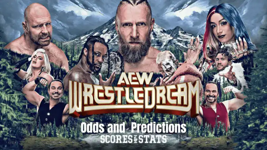 Una imagen promocional vibrante para AEW WrestleDream con varios luchadores contra un fondo montañoso, mostrando probabilidades y predicciones.