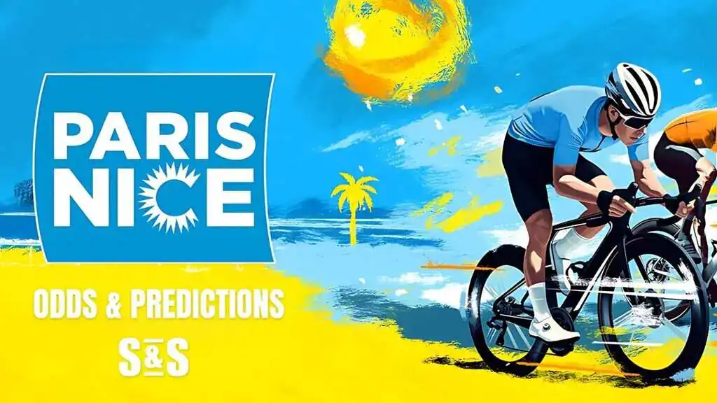 A vibrant illustration featuring two cyclists racing against a sunny backdrop, with "PARIS NICE" and "ODDS & PREDICTIONS" text prominently displayed.