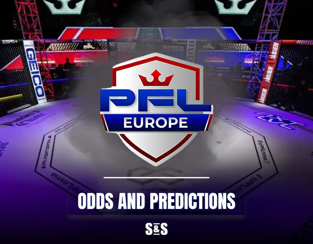 PFL Europe logo centered over an MMA cage with the text “Odds and Predictions” below.