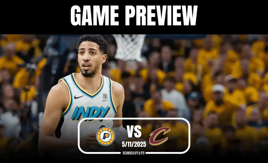 Basketball game preview between Indiana Pacers and Cleveland Cavaliers, featuring enthusiastic fans in the background.