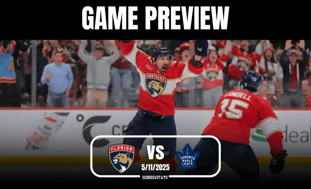 A Florida Panthers player celebrates a goal with fans cheering in the background, against a backdrop for a game preview.