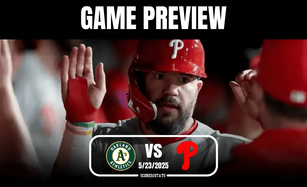 5 A baseball game preview graphic featuring the Oakland Athletics vs. Philadelphia Phillies, dated 5/23/2025, with promotional text.