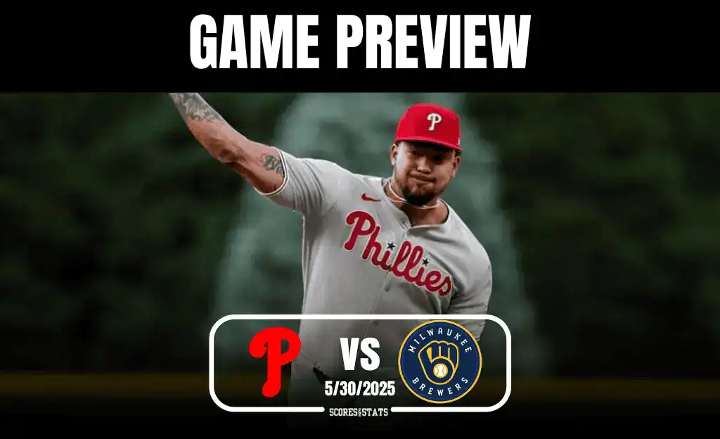 A pitcher in a Phillies jersey throws a baseball, with the game preview featuring backgrounds of greenery and the Brewers logo.