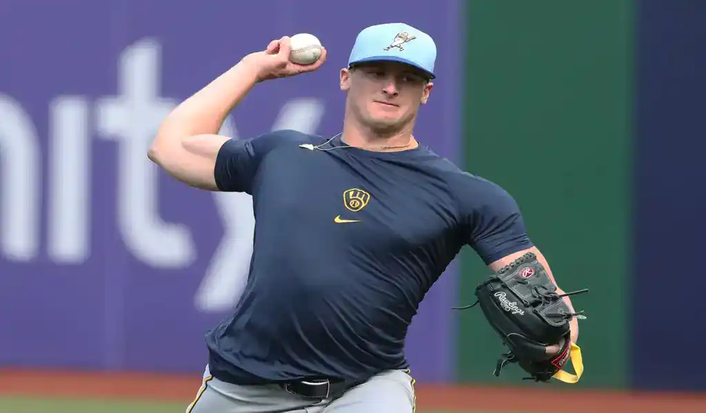 Milwaukee Brewers pitcher warms up before game against Pittsburgh Pirates on May 24, 2025.