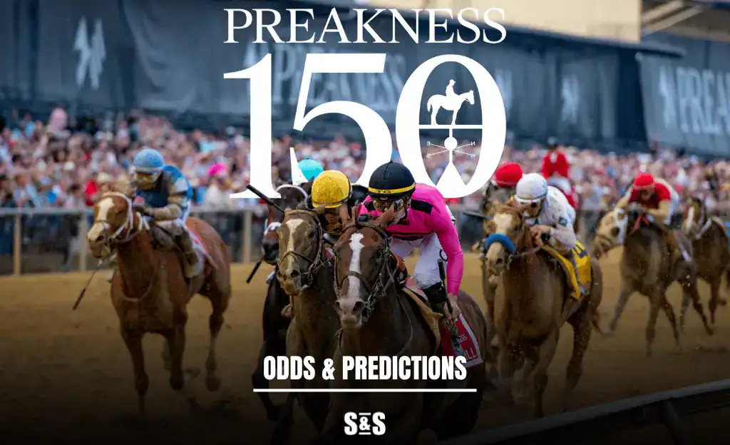 A thrilling horse race scene at the Preakness 150, with jockeys in vibrant colors competing against a backdrop of a cheering crowd.