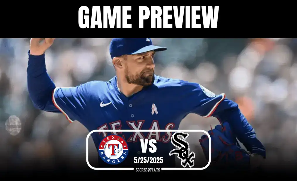 A Texas Rangers pitcher prepares to throw, with the game preview displayed against a baseball-themed backdrop. Opponent: White Sox.