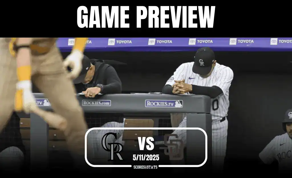 A tense moment in the baseball dugout as players prepare for the Rockies vs. Padres game on May 11, 2025. Game preview graphic displayed.