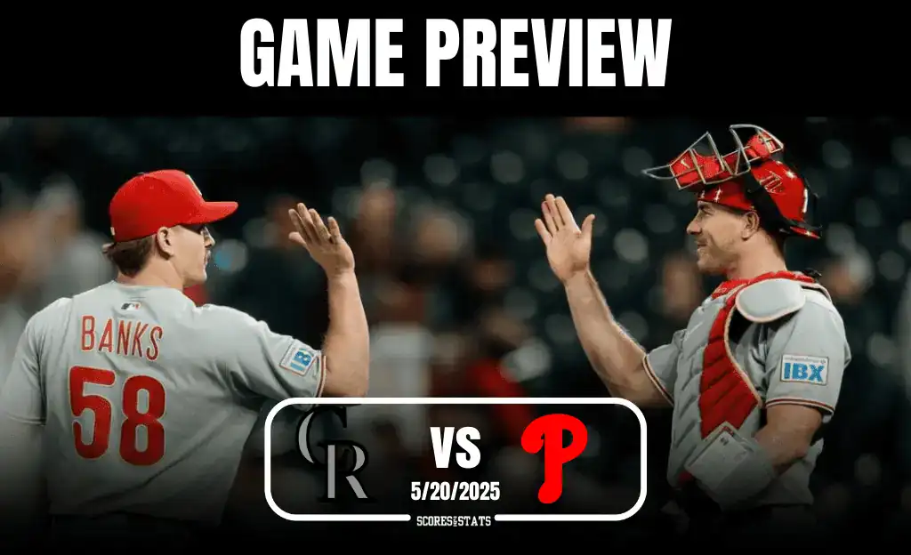 8 Two baseball players in team uniforms gesturing to each other, with a "Game Preview" banner above and matchup details below.