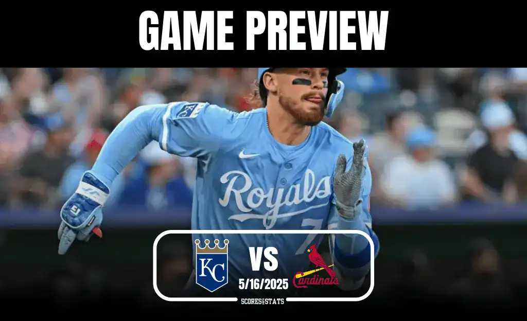 A Kansas City Royals player in a light blue uniform runs on the field, with a preview banner for a game against the St. Louis Cardinals.
