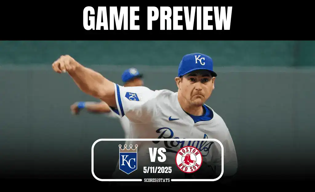 A pitcher in a Kansas City Royals jersey winds up to throw a baseball, with game preview details for Kansas City vs. Boston displayed below.