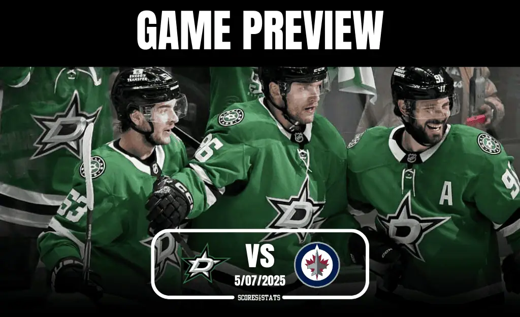 Dallas Stars players in green jerseys celebrating in a game preview against the Winnipeg Jets on May 7, 2025.