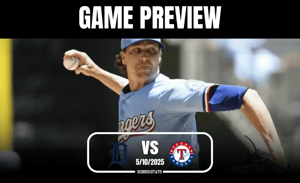 A Texas Rangers pitcher winds up to throw, showcasing a blue team jersey. The image highlights a game preview against the Detroit Tigers.