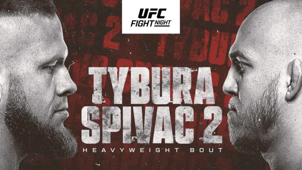 Promotional graphic for UFC Fight Night featuring the heavyweight bout "Tybura vs Spivac 2," with a textured dark background.