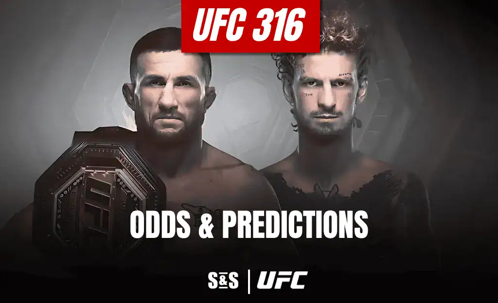 Promotional image for UFC 316 featuring fighters with a championship belt, with text highlighting "Odds & Predictions."