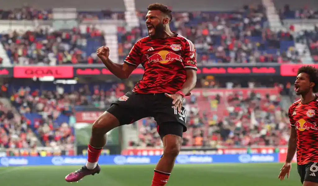 New York Red Bulls player celebrates a goal during the match against DC United on May 24, 2025.
