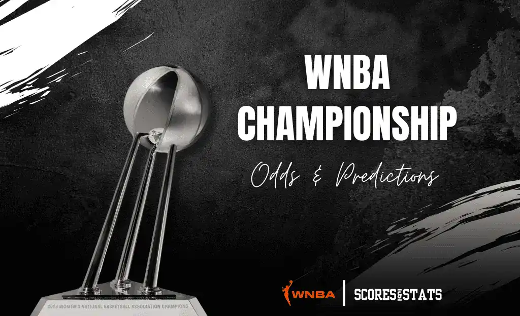 A sleek WNBA championship trophy beside bold text announcing "Odds & Predictions" on a dark background.