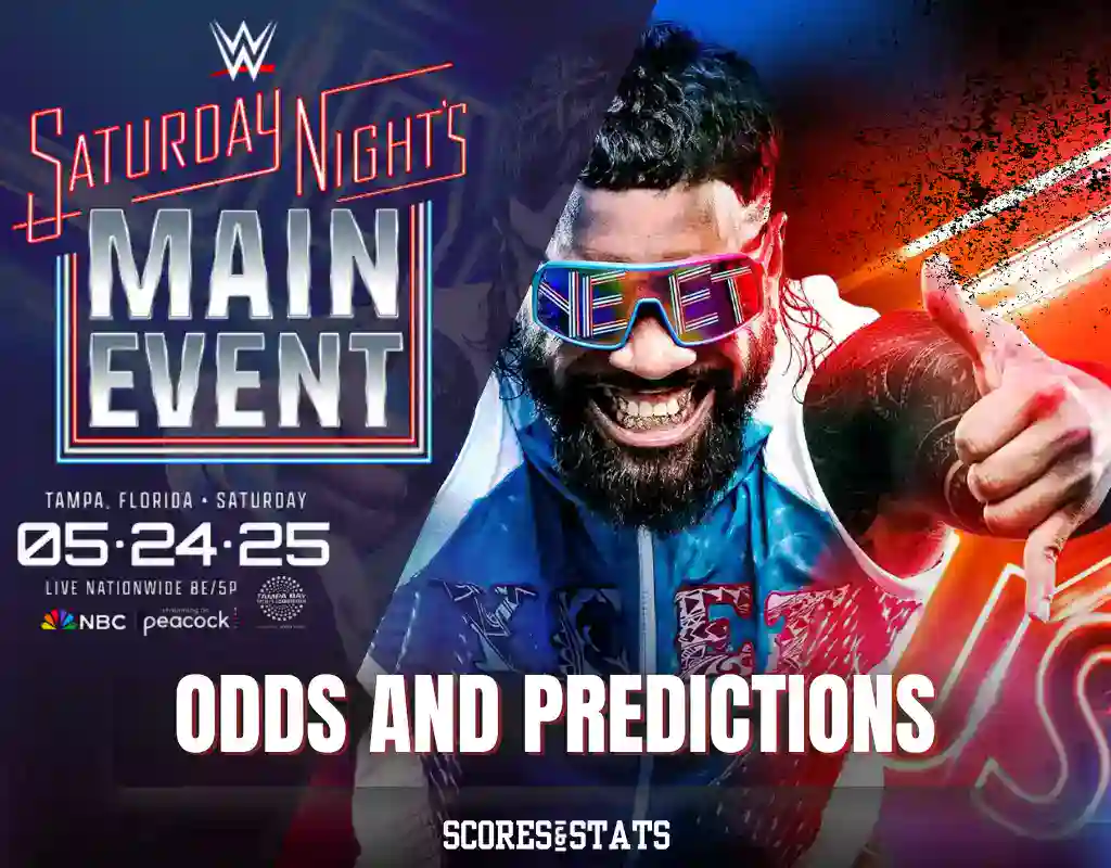 WWE Saturday Night’s Main Event odds and predictions graphic featuring a wrestler in sunglasses.