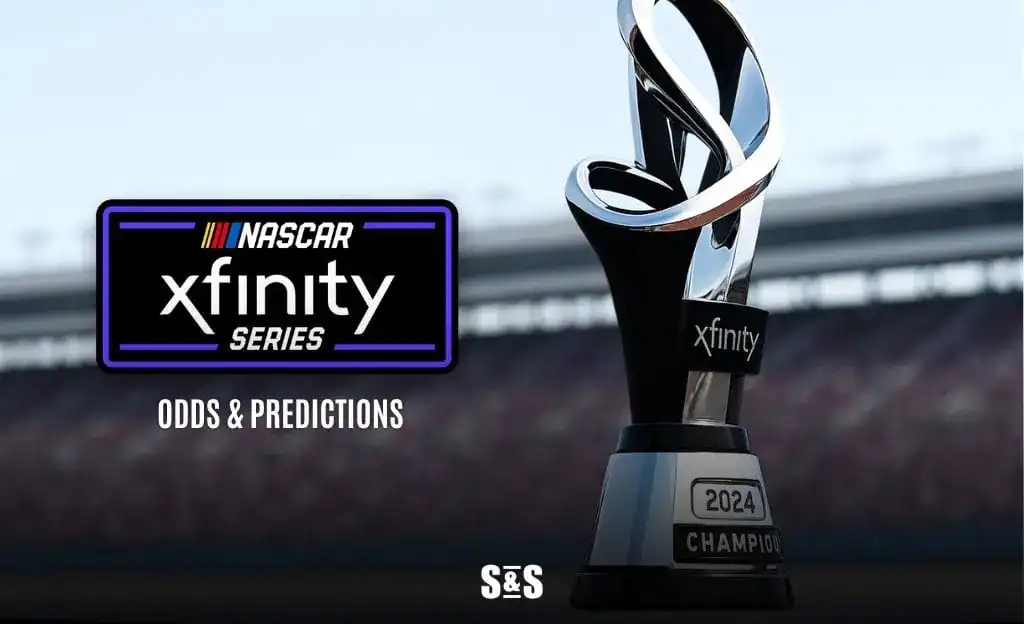 Trophy for the 2024 NASCAR Xfinity Series Championship with logo and text "Odds & Predictions" in a racetrack background.