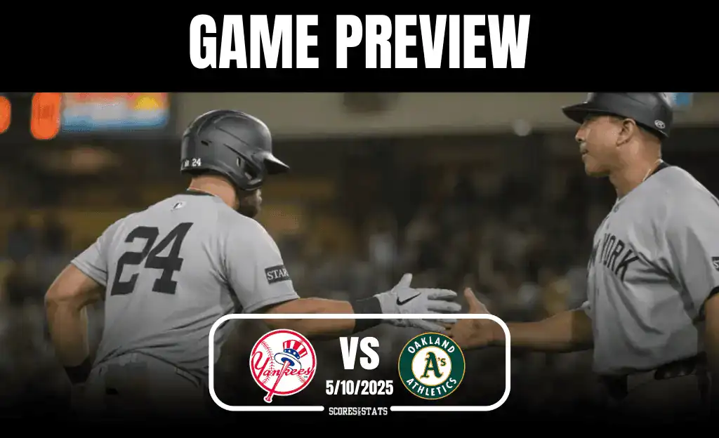 A New York Yankees player wearing jersey number 24 celebrates with a teammate during a game preview against the Oakland Athletics.