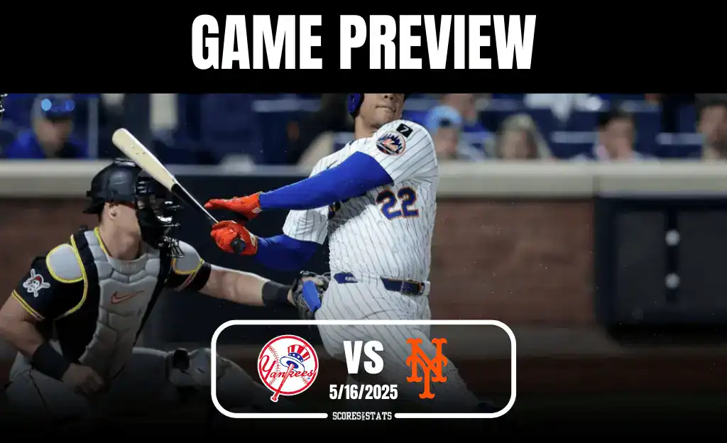 1 A baseball player swings a bat during a game preview between the Yankees and Mets, highlighting the date 5/16/2025.